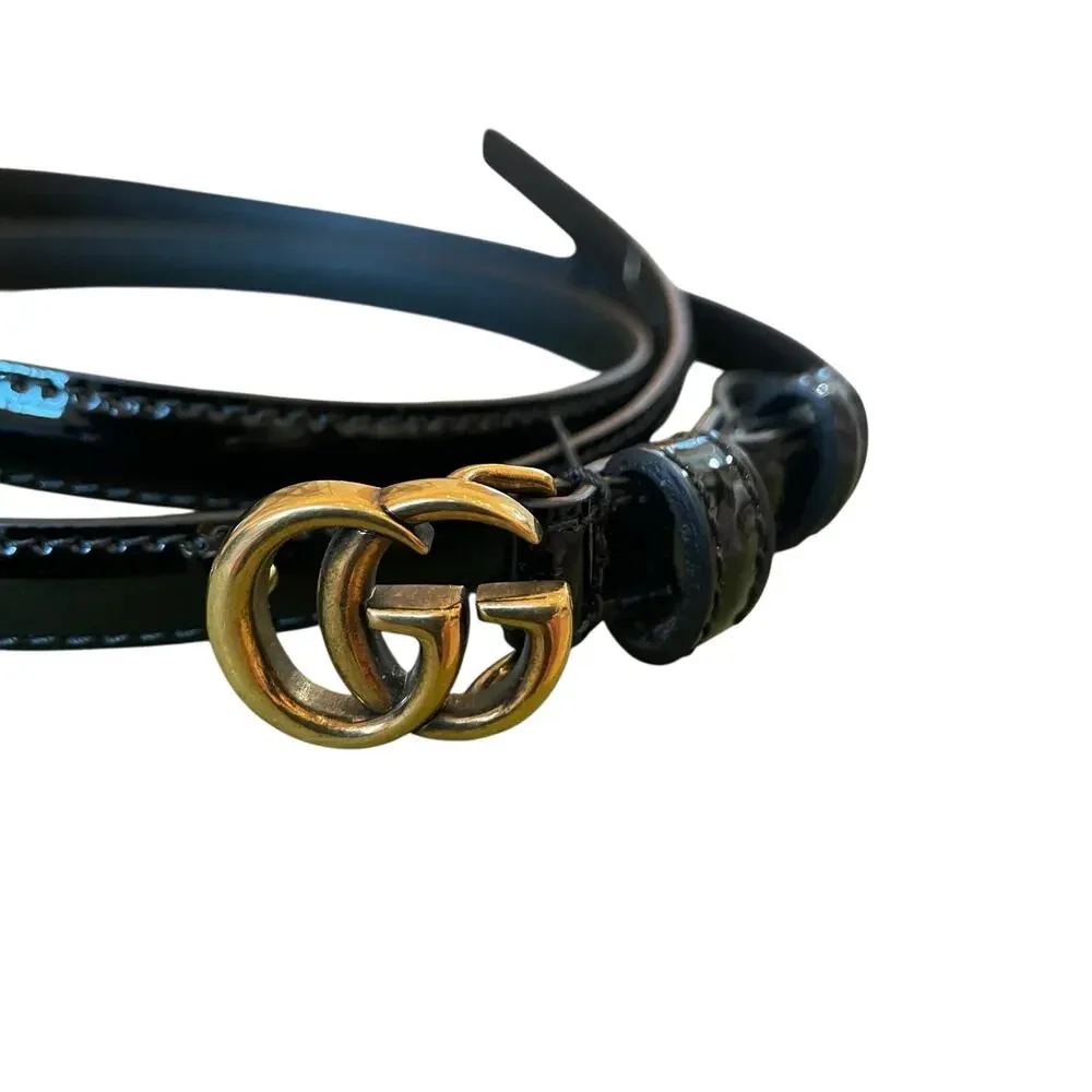 NEW Gucci GG Marmont Thin Belt 707327 Black Patent Leather Size  95cm/30in
